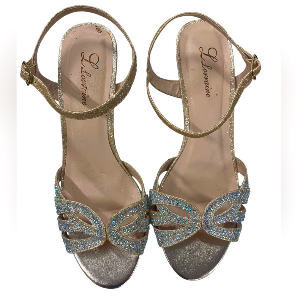 Women’s L Lorraine Vanessa Gold Sparkle Slingback Open Toe Heeled Sandals Sz-9
